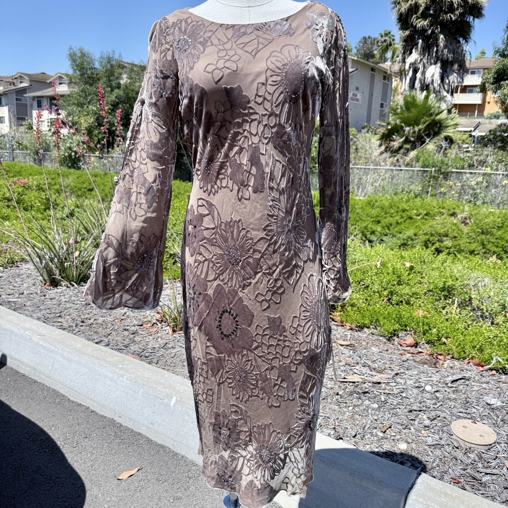 Adrianna Papell Taupe Brown Floral Velvet Burnout Midi Dress